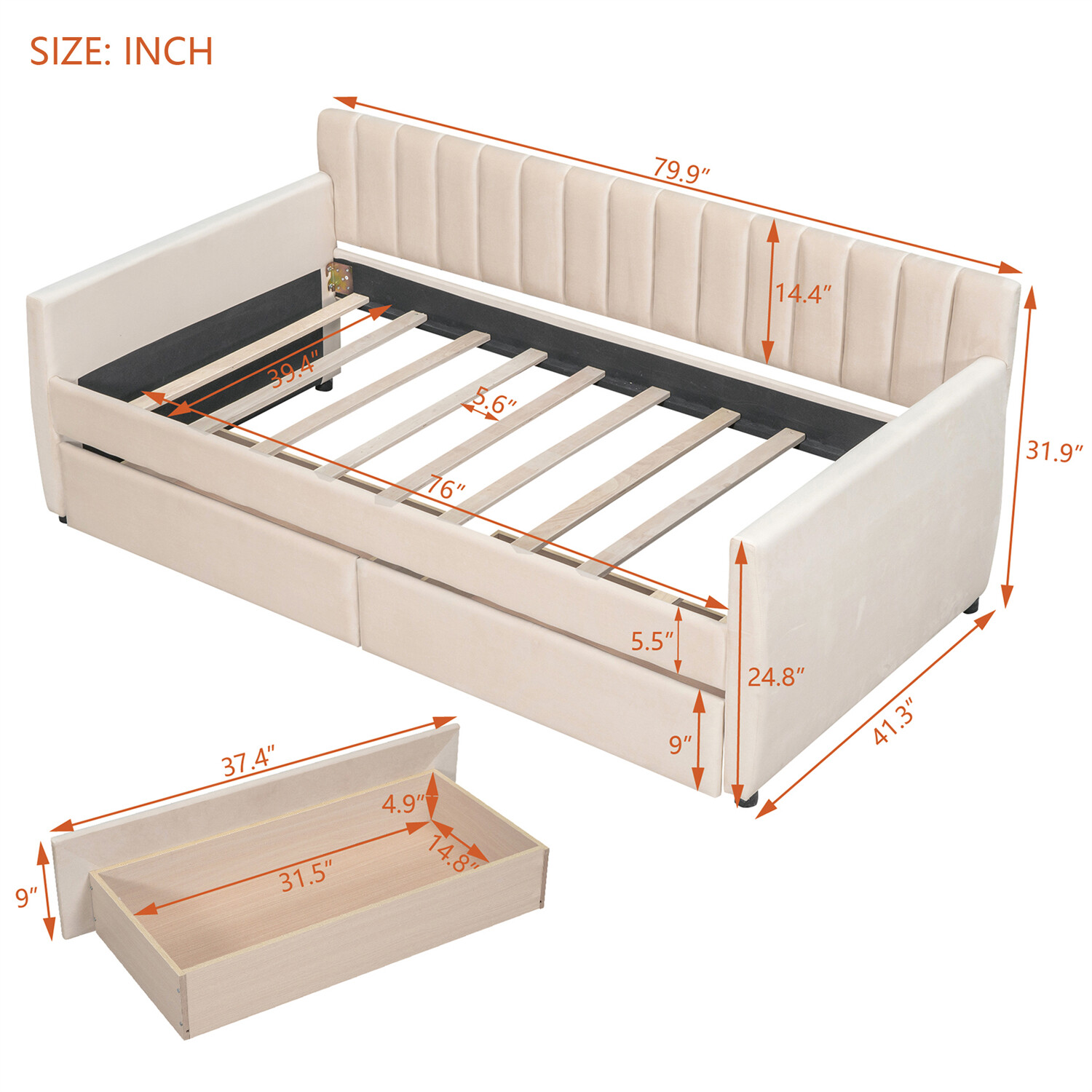 Twin Size Daybed Upholstered Bed Frame Sofa Bed with 2 Drawers Beige/Gray