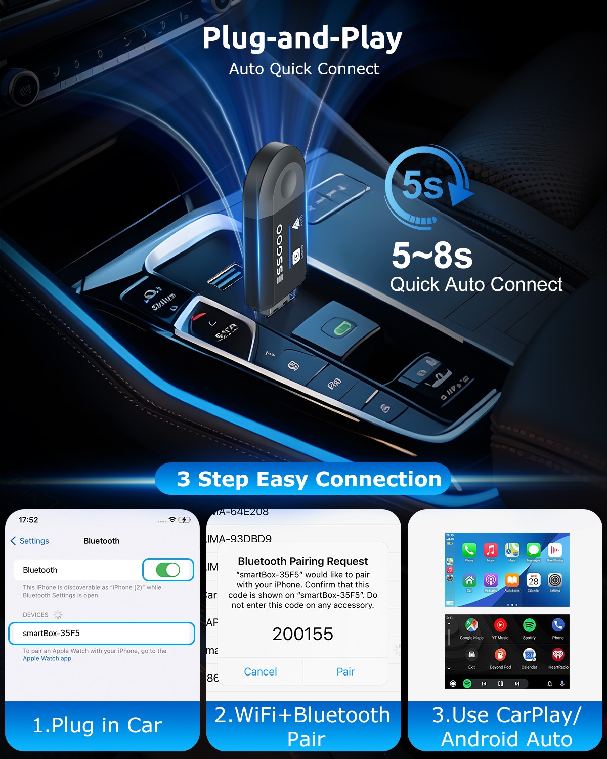 Mini Adapter Wireless CarPlay+Android Auto Adapter USB Plug & Play Navigation