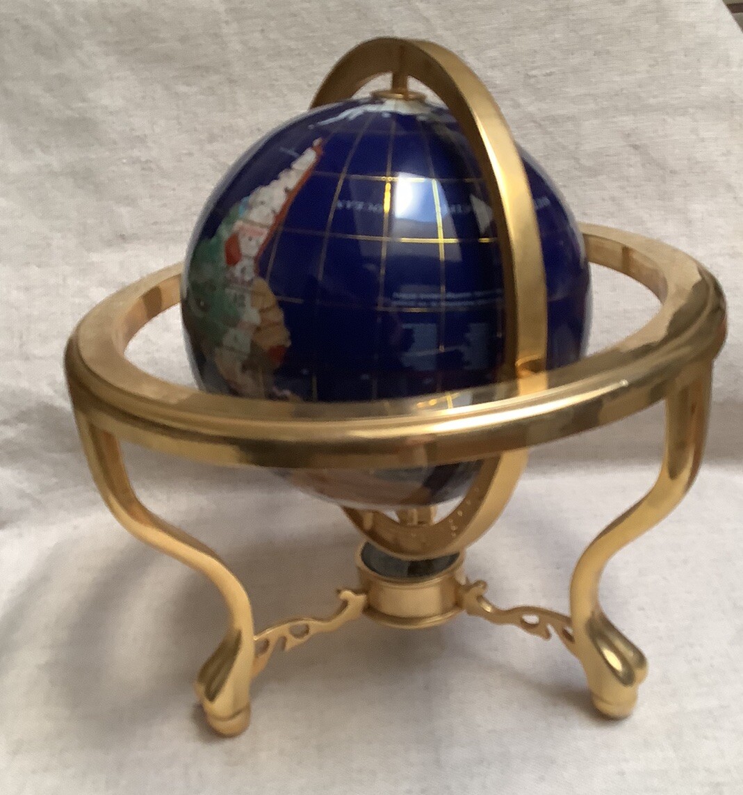Brass Semi-Precious Stone Lapis Turquoise Abalone Inlay Globe & Compass 10”