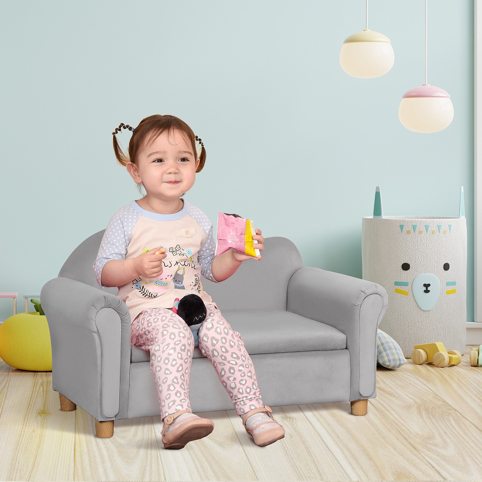 Foam and Velvet Kids Sofa with Inner Storage, Kids Couch with Soft Arms, Grey