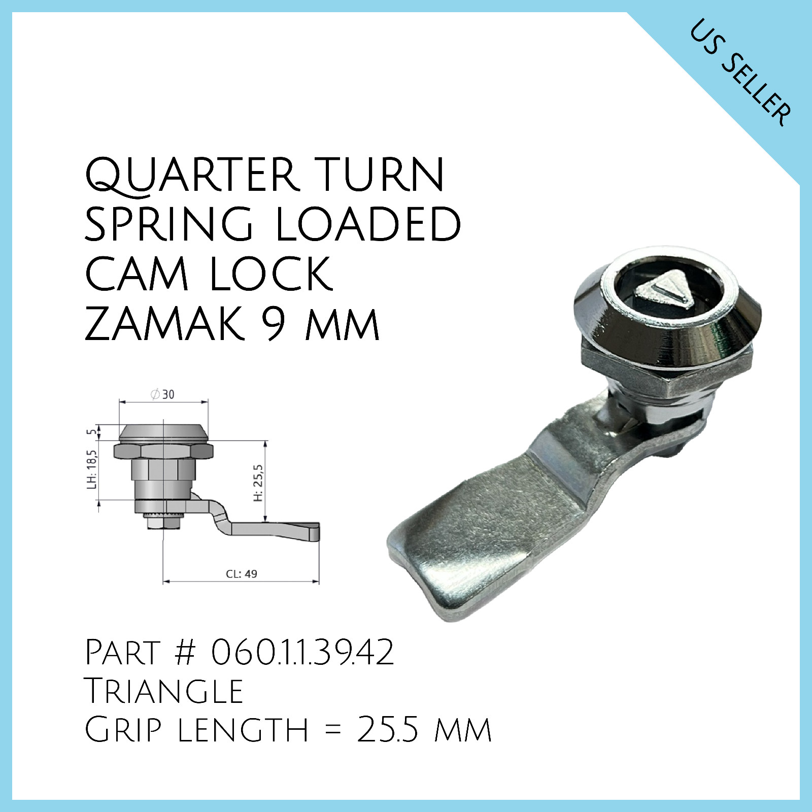 Quarter Turn Spring Loaded Cam Lock Zamak 9mm Triangle Part # 060.1.1.39.42