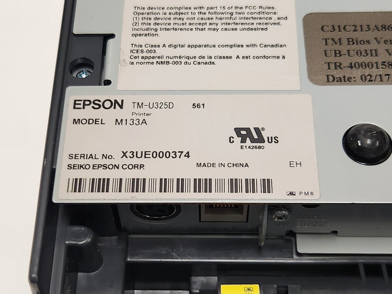 Epson TM-U325D M133A Receipt Validation Printer w/ Power Supply