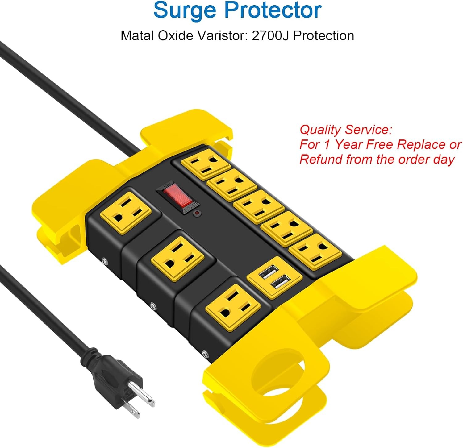 6 FT Black Power Strip with USB Workshop 8 Outlet Surge Protector Extension