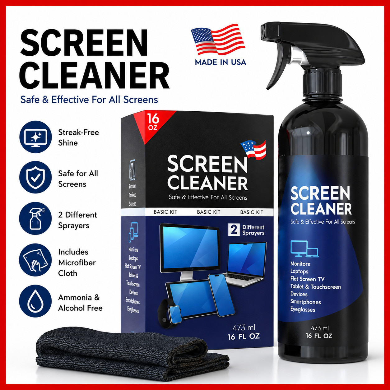 Screen Cleaner Spray (16oz) – Best Large Kit for LCD LED Matte TVs, Smartphones,