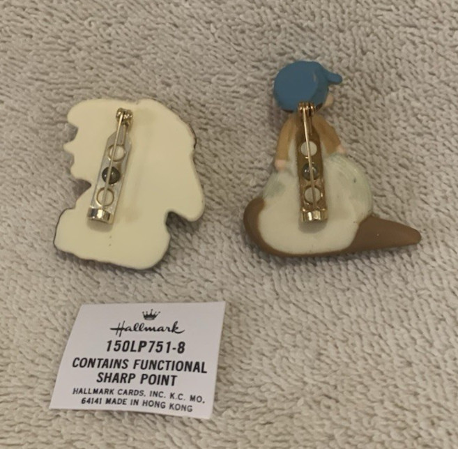 2 Pc Hallmark PIXIE ELF Boy w/Flower Umbrella & Boy On Snail Ceramic Pins - EUC