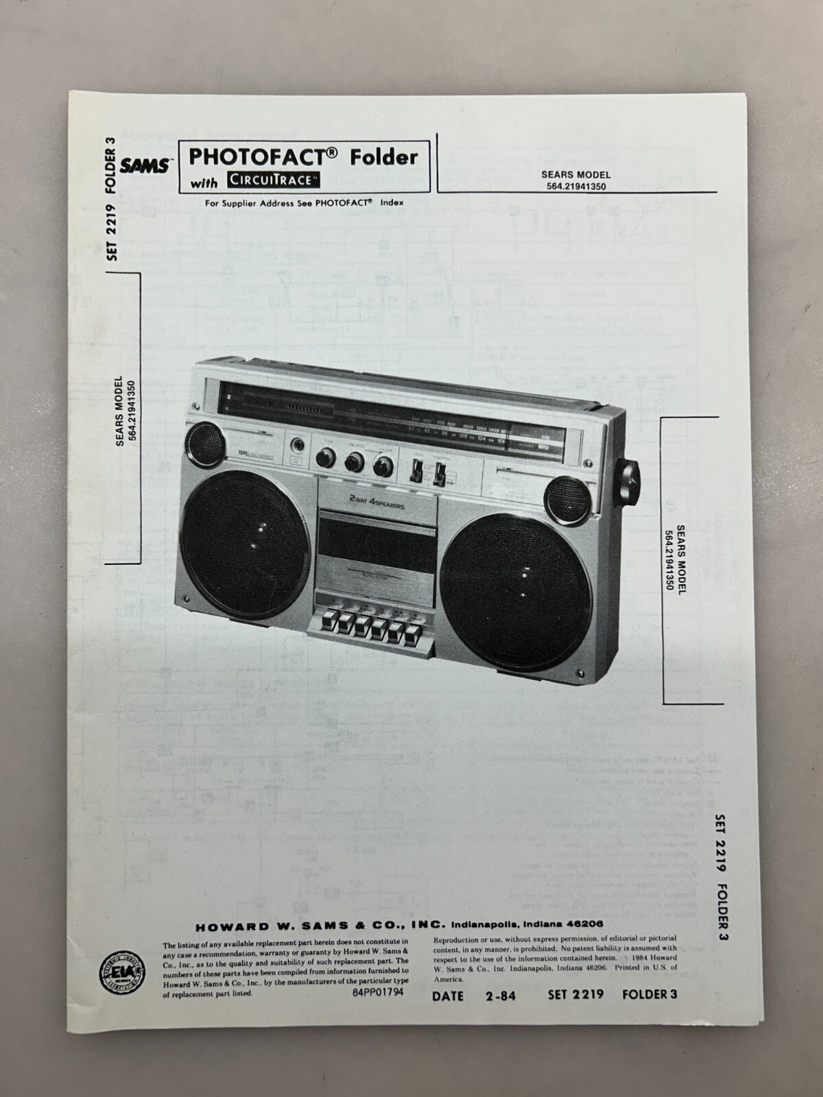 Sears 564.21941350 Service Manual Sams Photofact Free Shipping
