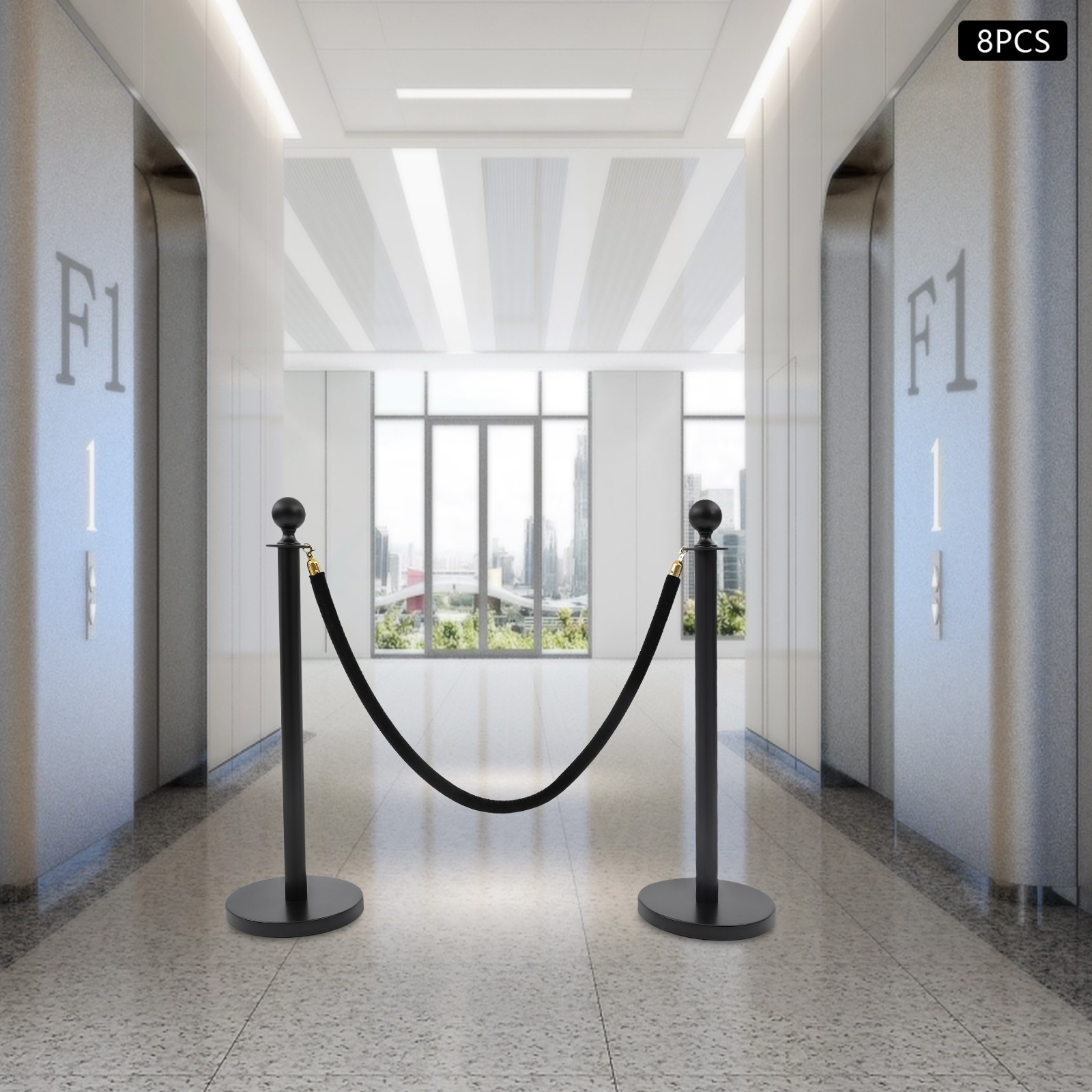 8 PCS Black Stanchion Posts Queue Pole with 4 1.5M Ropes Crowd Control Barrier