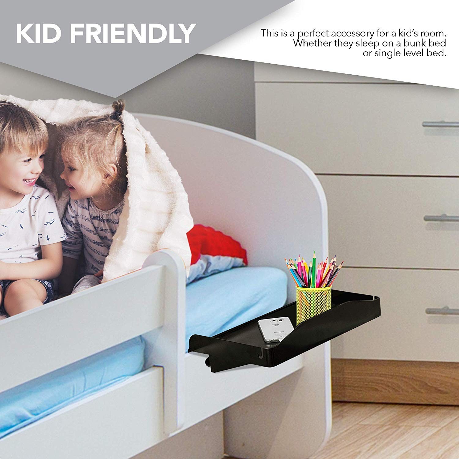 Clip-On Bunk Bed Shelf Caddy - Nightstand Tray w/ Cup Cord Black