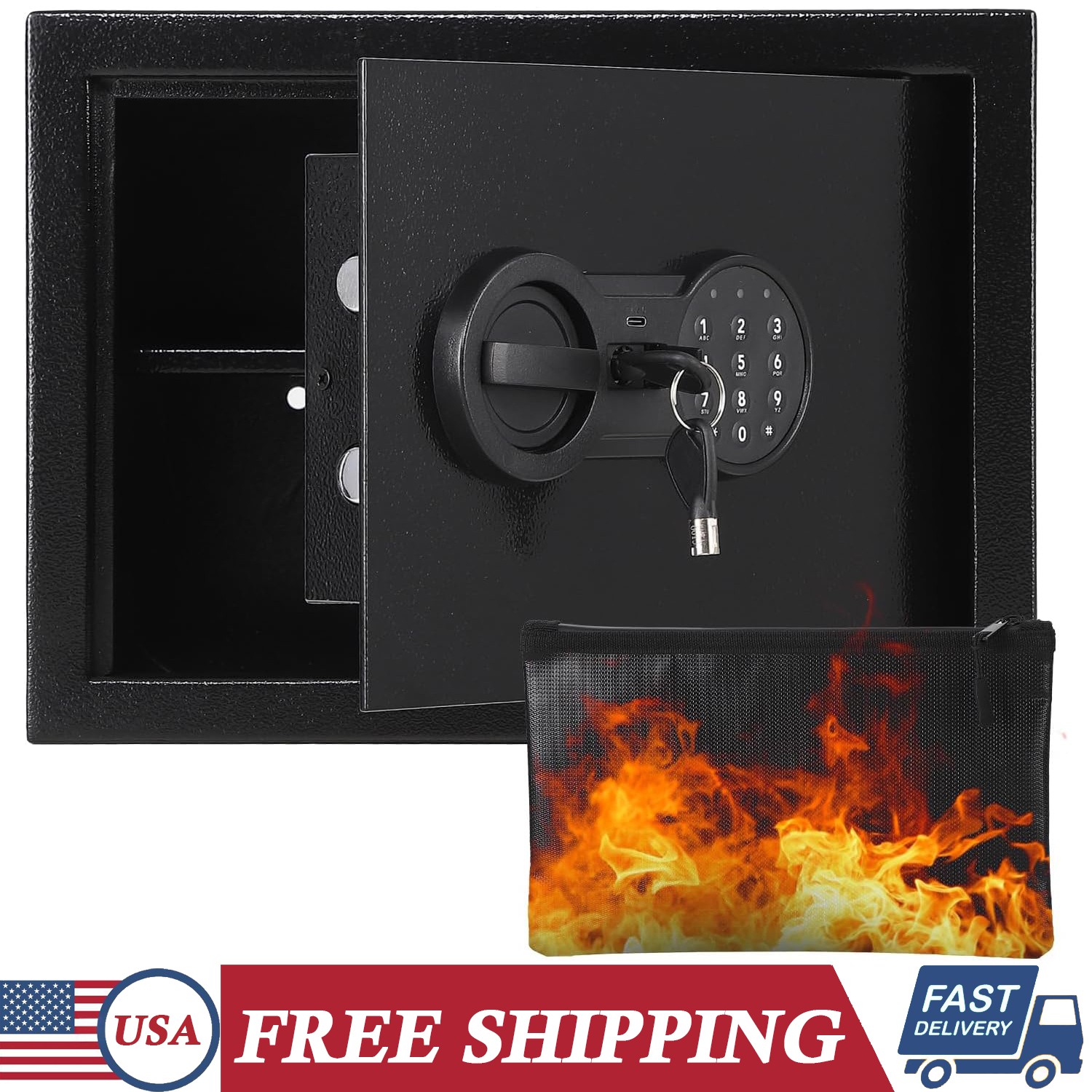 Security Safe Box Key & Digital Lock Home Office Cash Jewelry with Fireproof Bag