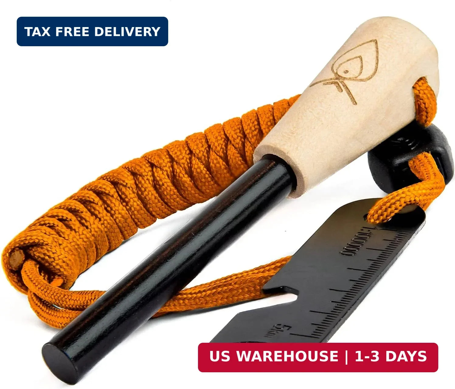 Texas Bushcraft Fire Starter - 3/8" Thick Ferro Rod with Striker and Paracord