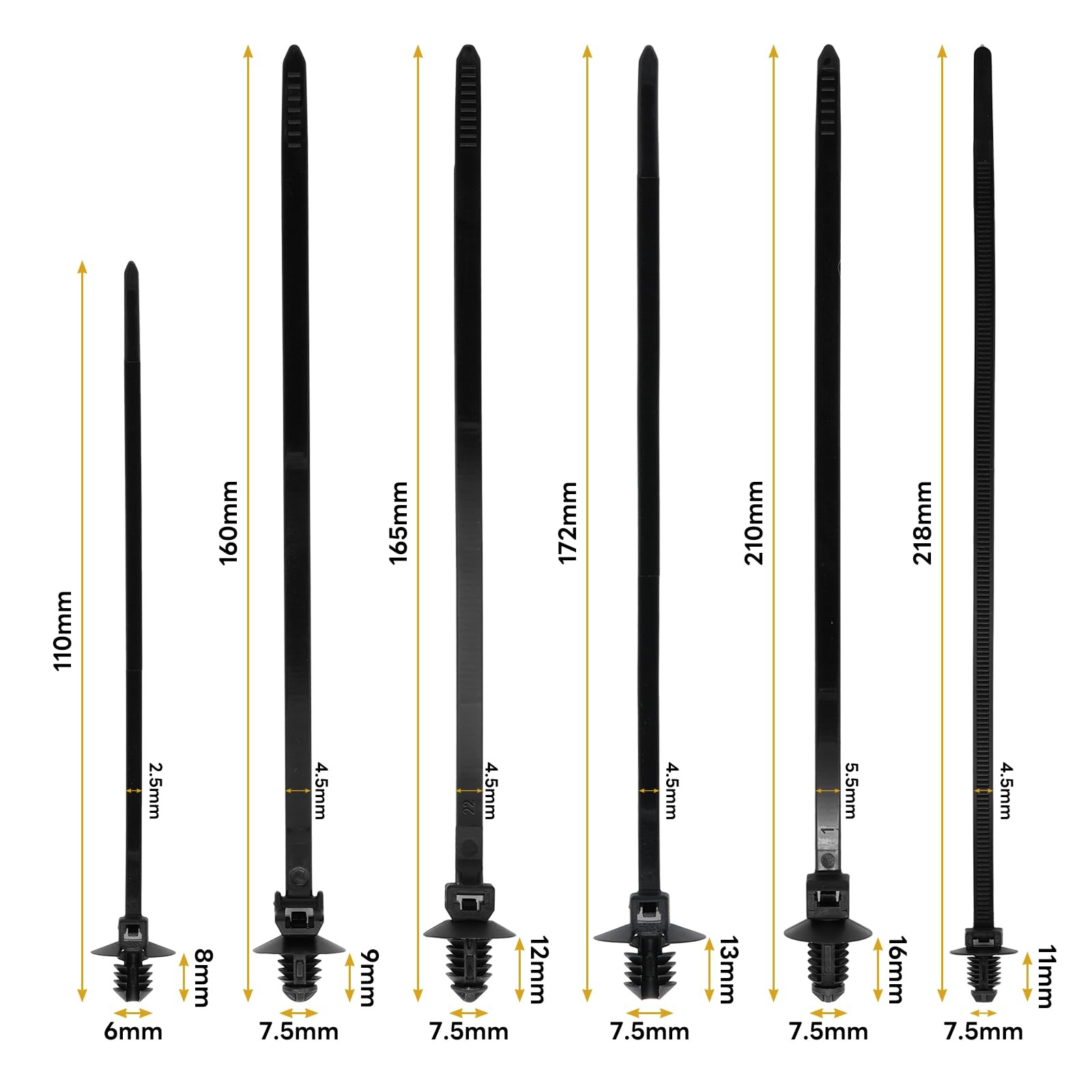 Semrien 120 Pcs Push Mount Cable Ties Assorted Sizes, Black Nylon