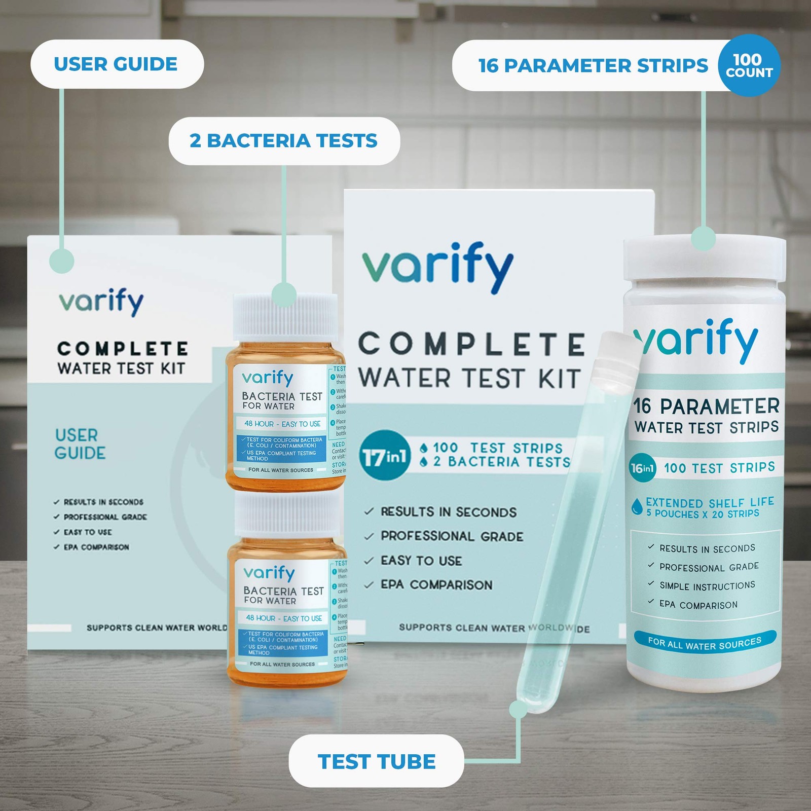 17in1 Complete Drinking Water Test Kit - 100 Strips + 2 Bacteria Tester Kits ...