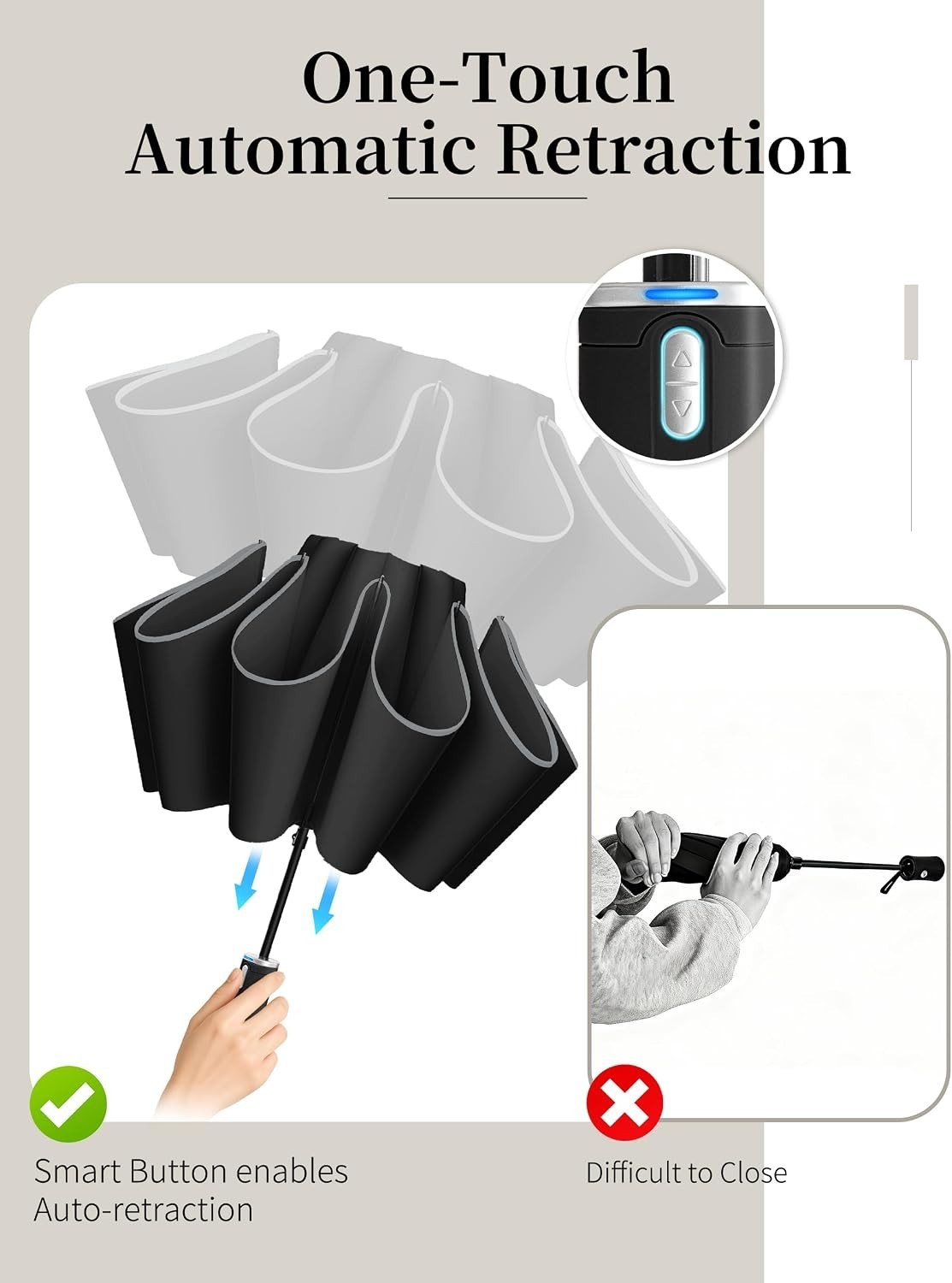 Electric Travel Umbrella Rechargeable Auto Open Close Windproof - Compact