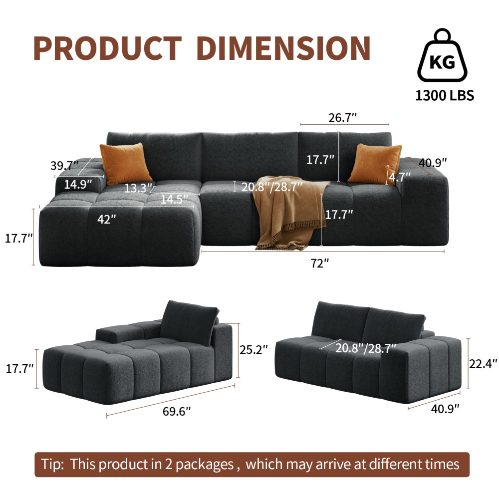 L-Shaped Modular Sofa w/ 3 Cushions, No Assembly, Soft Fabric