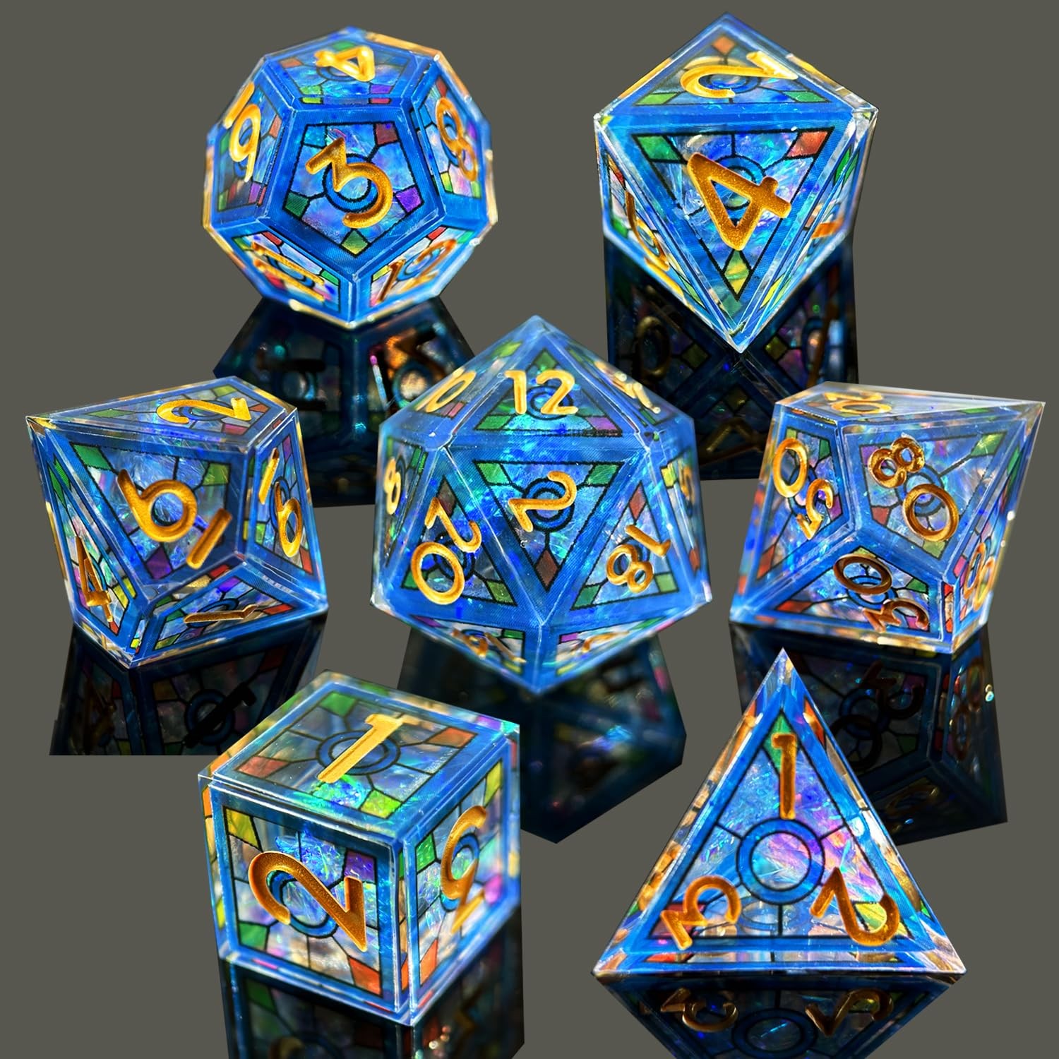 Double Layered Resin Dice Set 7pcs/ Stained Glass Effect & Gold Numbers/Sharp...