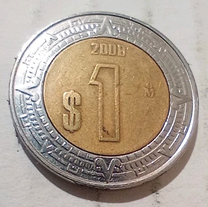 Un Peso 2008 Mexico Bimetallic Coin $1 Anillo Del Resplandor Piedra Del Sol