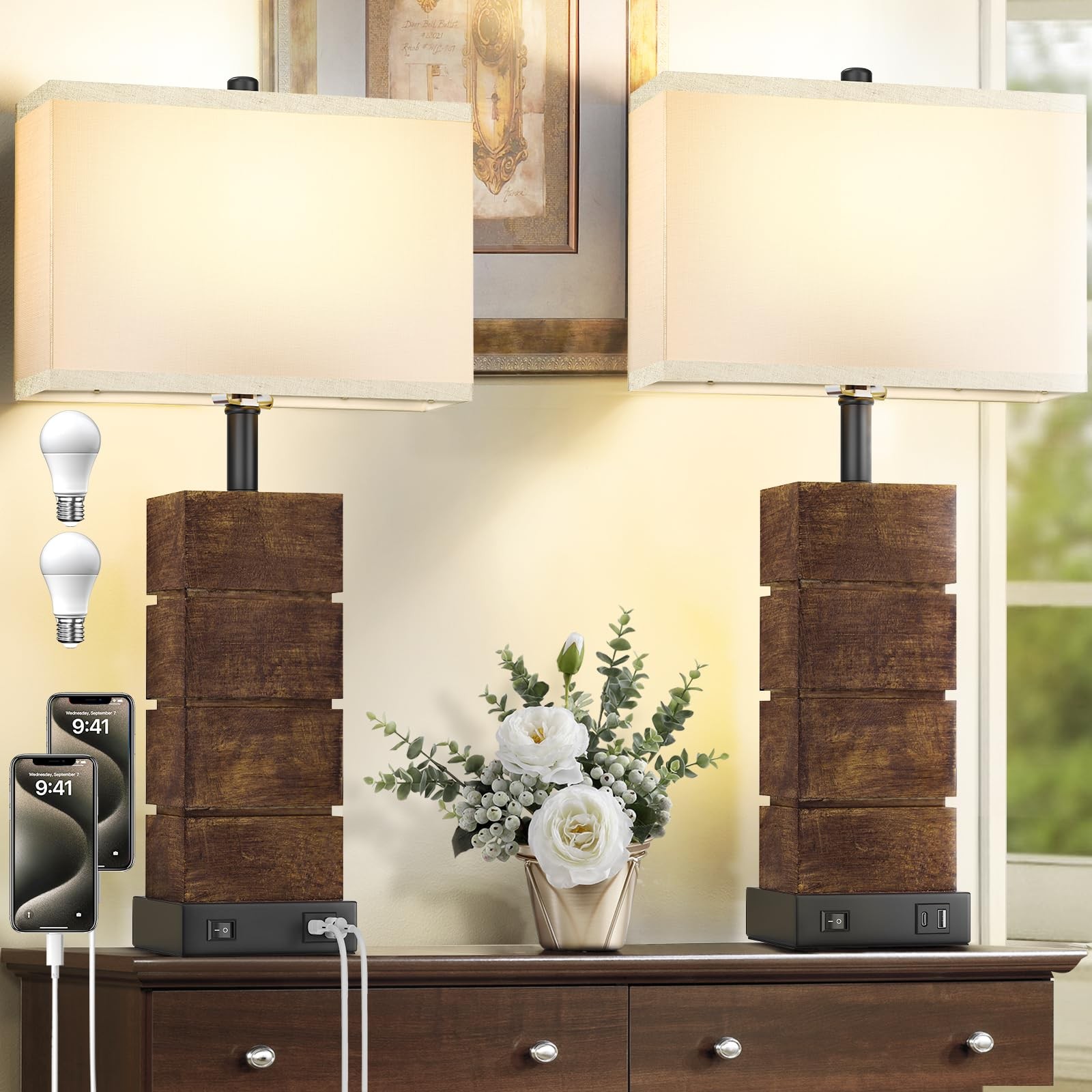 25.3" Farmhouse Table Lamps for Living Room Set of 2, Brown Faux Large,