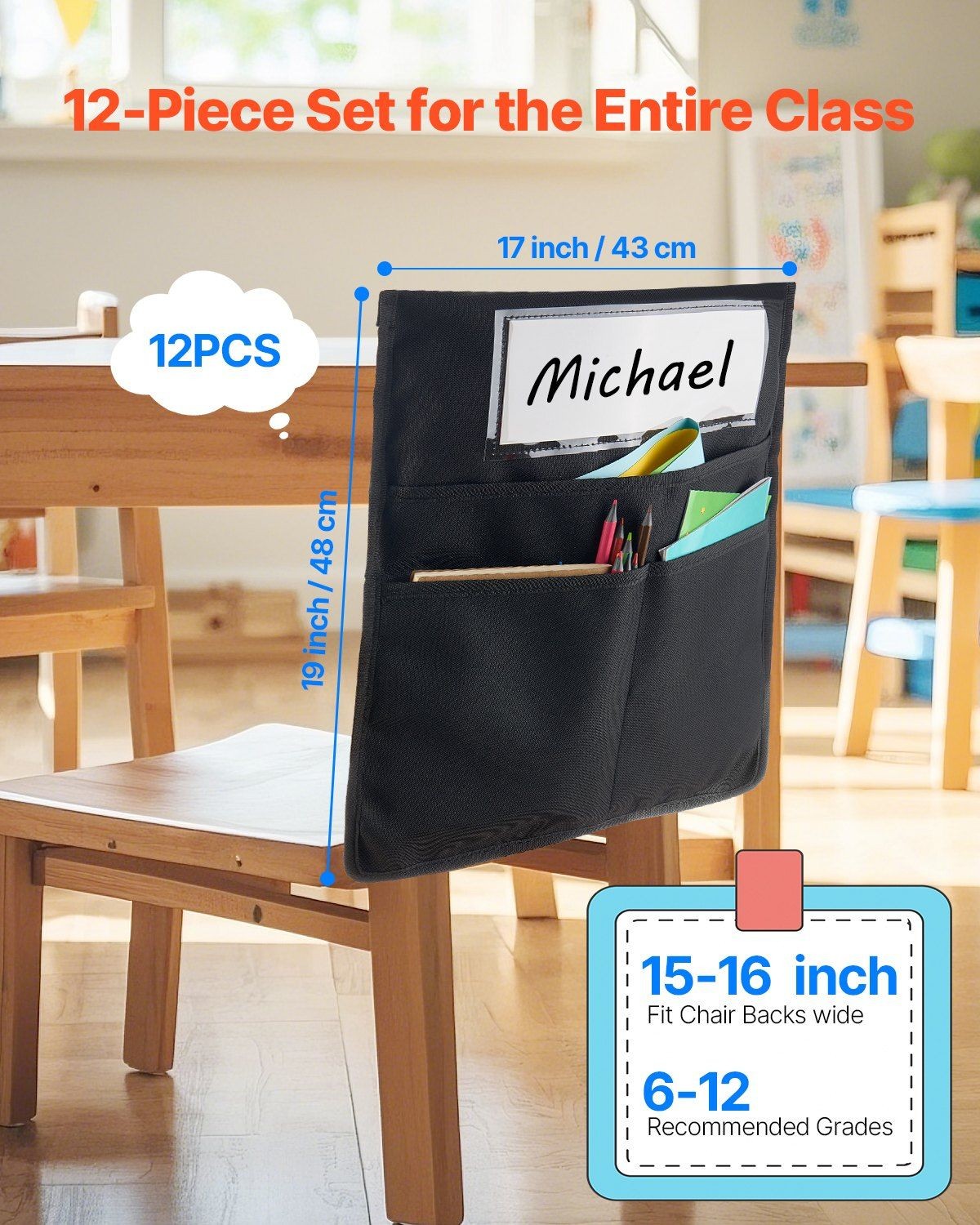 Back of Chair Pockets 12 Pack 17x19 in Black with Name Tag Washable