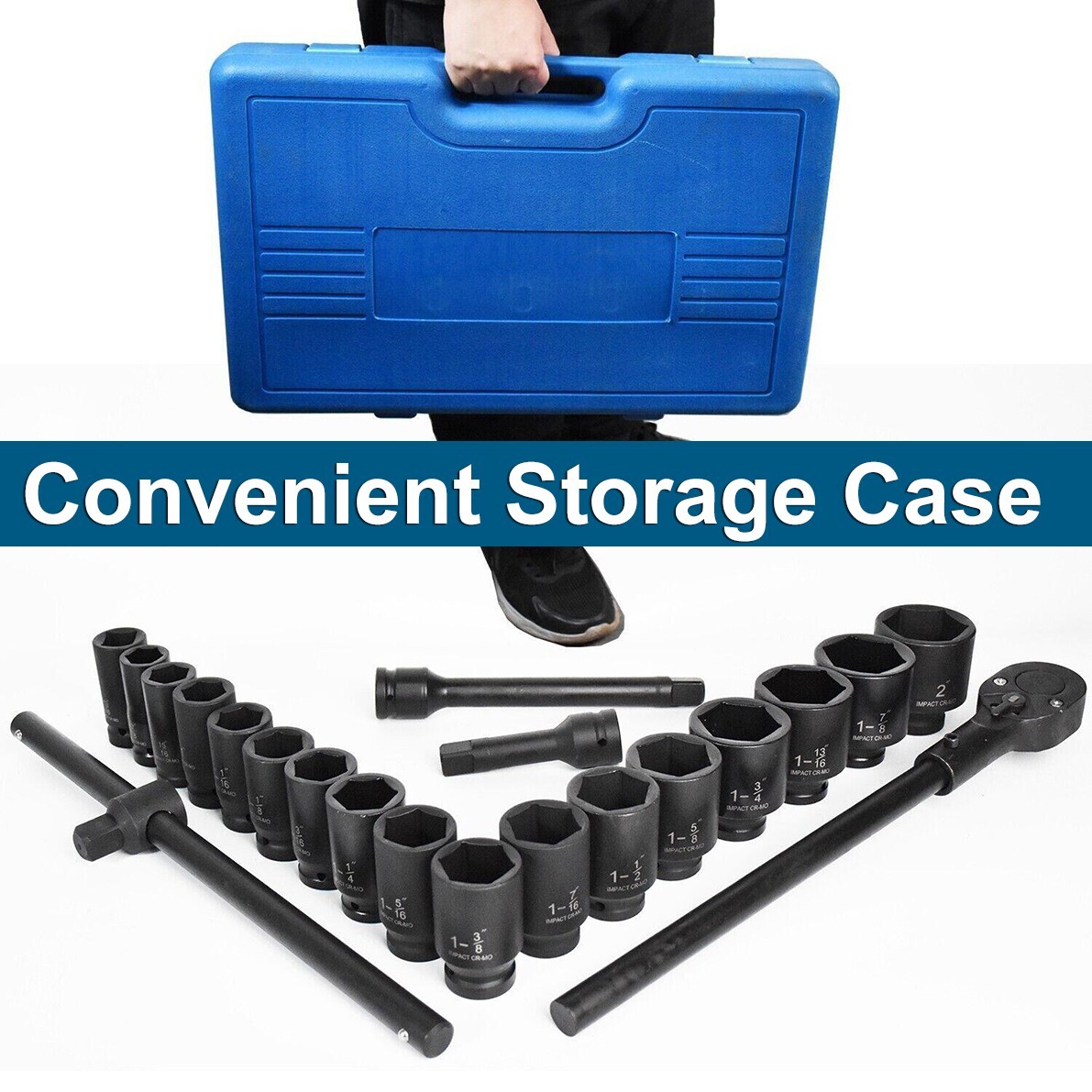22Pcs Impact Socket Set 3/4" Drive Deep SAE Cr-Mo Extension Bar Sliding T-Bar