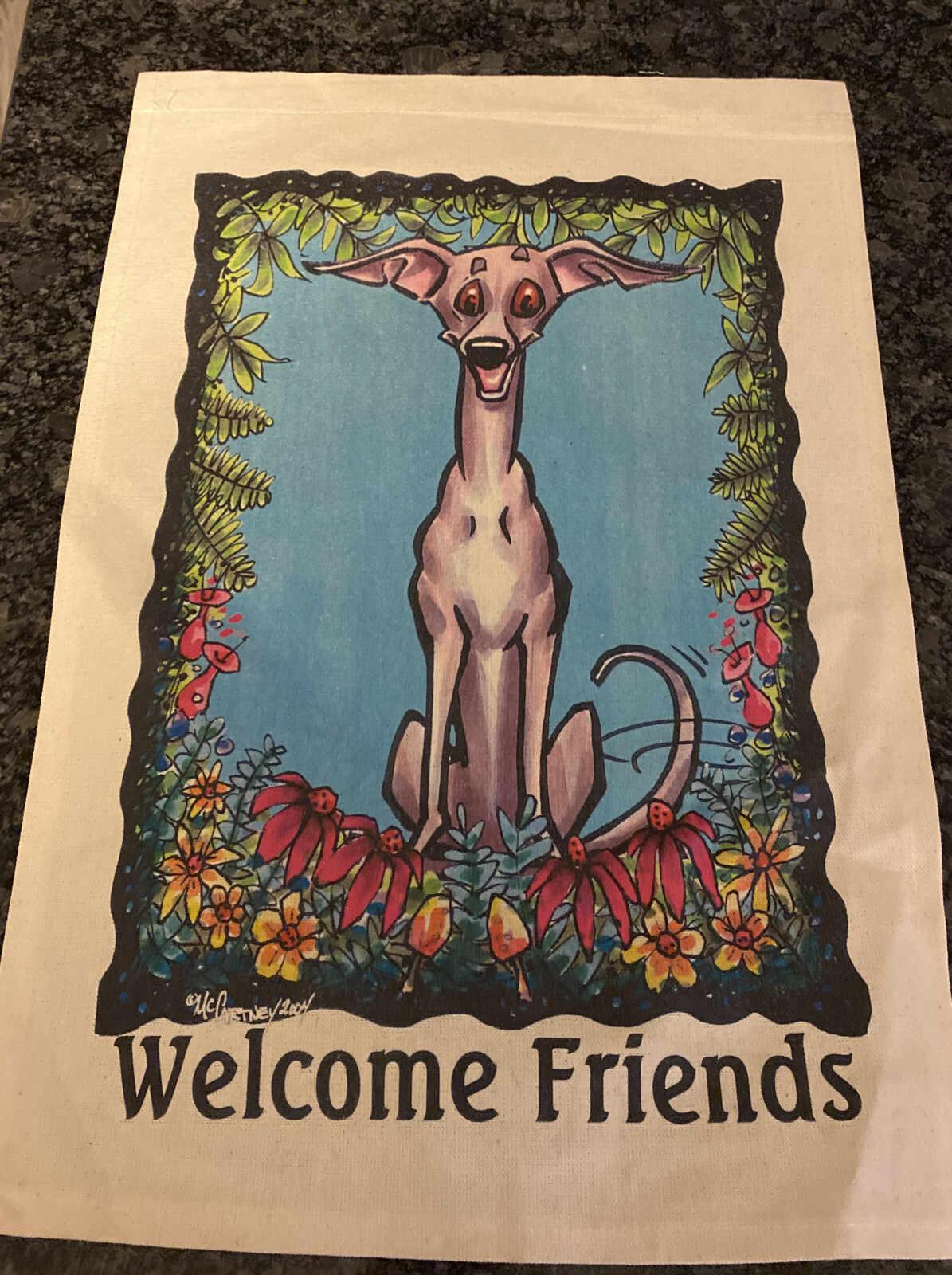 Canvas Welcome Friends Dog Flag Sign ITALIAN GREYHOUND M McCartney artist 13x19"