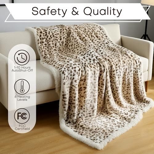 Electric Heated Blanket Queen Size 84x90inches-Queen E-beige Leopard Print