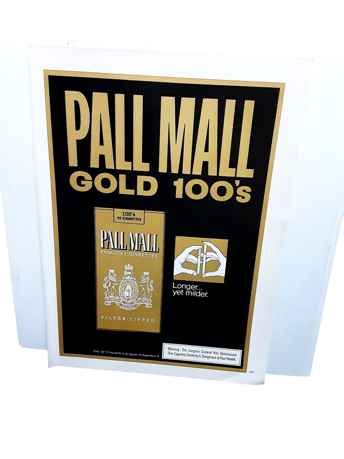 1975 Pall Mall Gold 100s Cigarettes Original Print Ad
