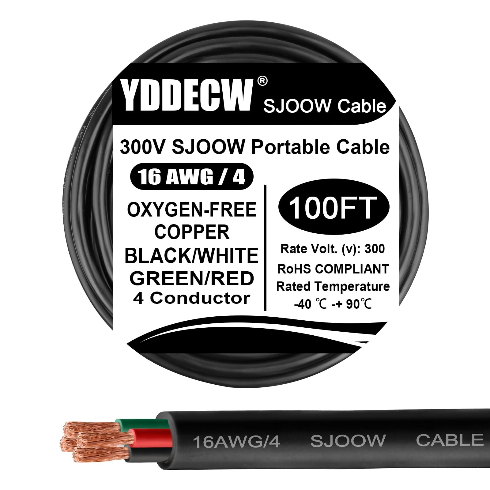 100ft 16/4 16 AWG Portable Power Cable (4 Conductor) - SJOOW 100 Feet, Black