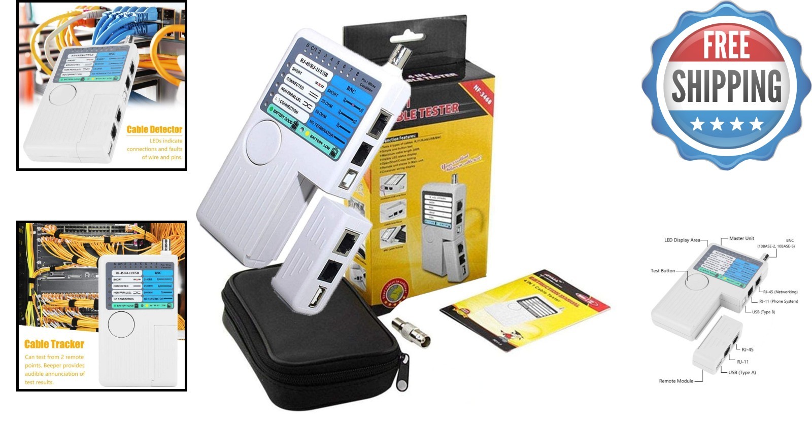 Compact NF-3468 Multi-Cable Tester for RJ45, RJ11, BNC - Remote Functionality
