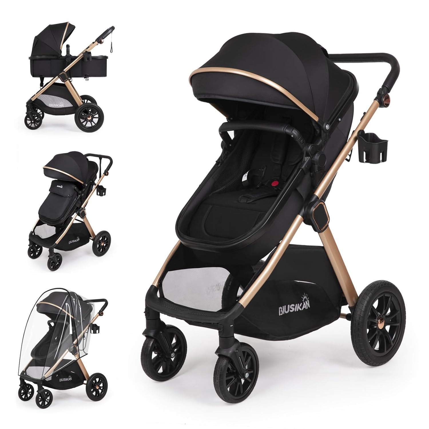 6-in-1 Convertible Baby Stroller with Bassinet, Rain Cover & Storage - Black