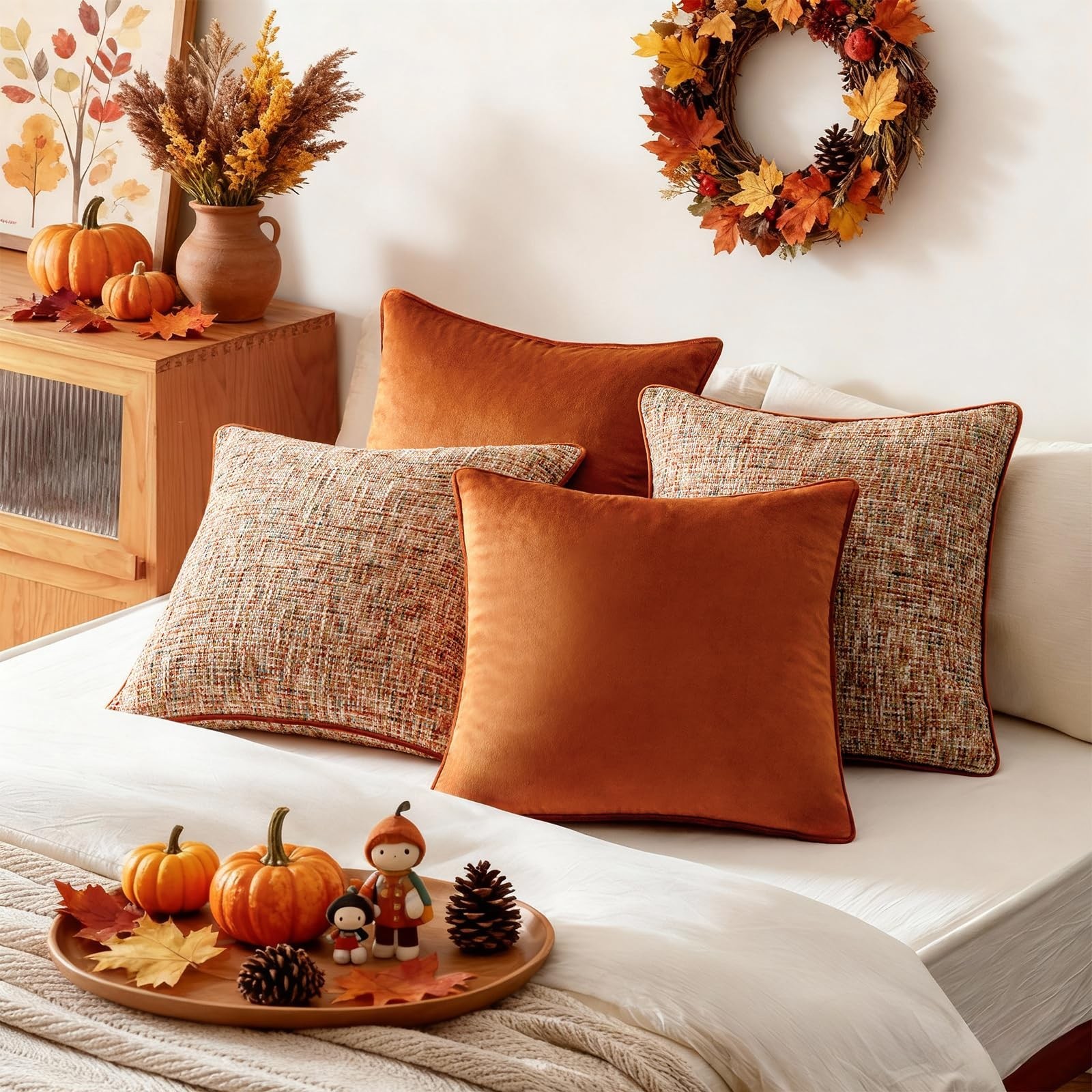 a moment Fall Orange 4 Pack Throw Pillow Covers - Chenille & Velvet Set with ...
