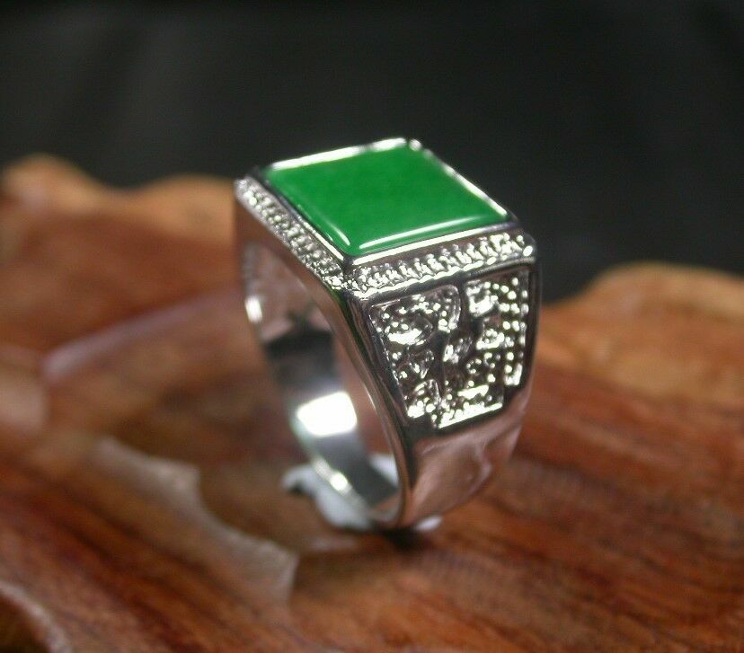 Fashion White Gold Plated Real Green Jade Rectangle Blessing Fortune Men's Ring