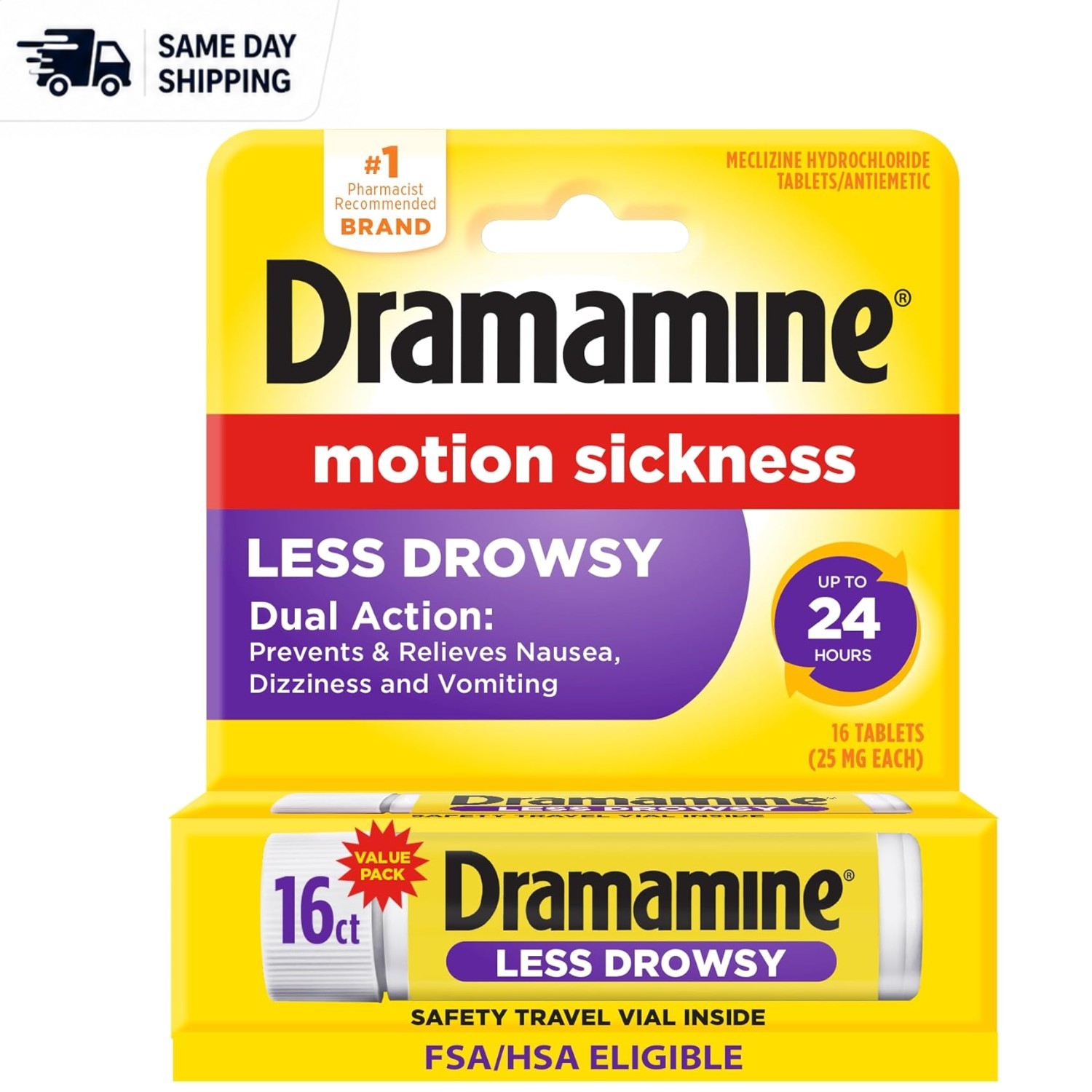 Travel-Ready Motion Sickness Tablets - Less Drowsy Relief for Adults, 16 Count