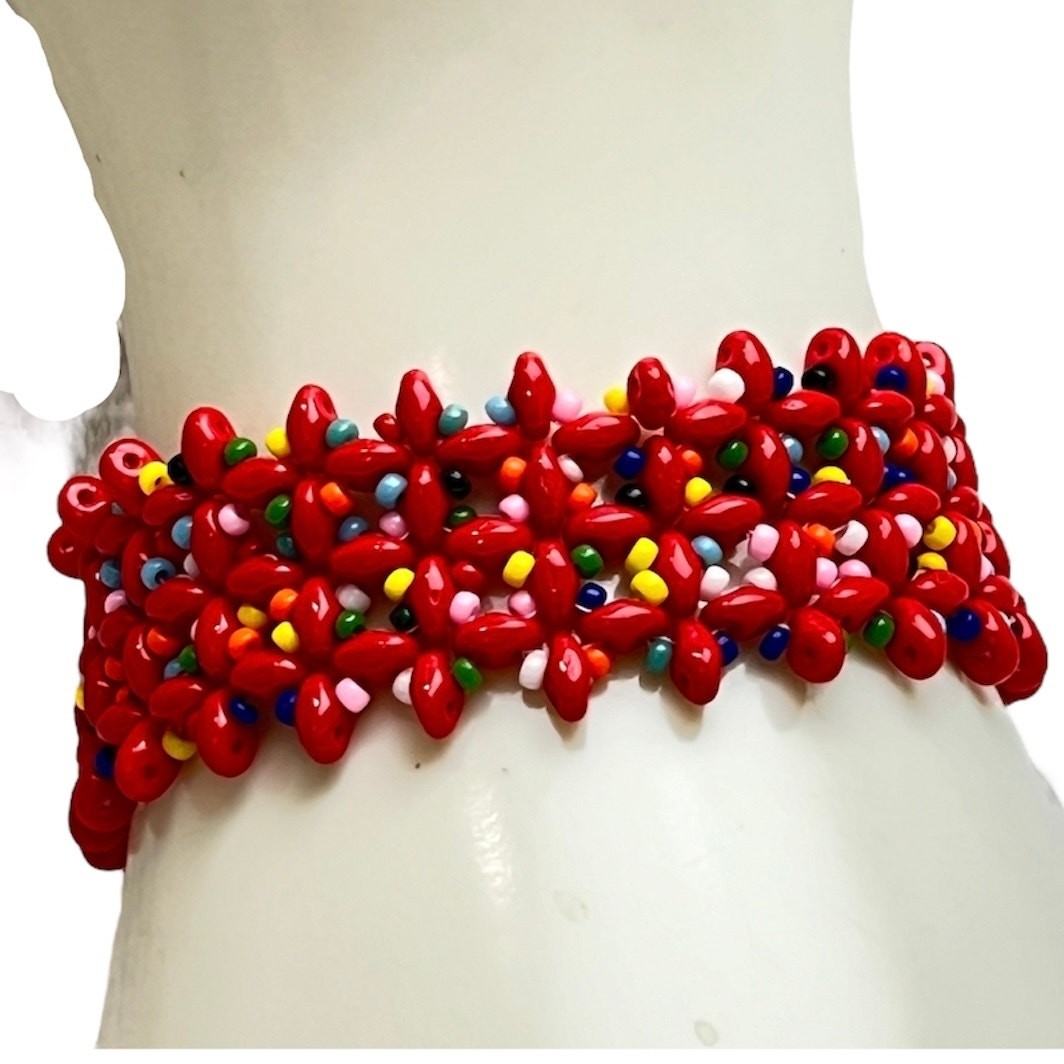 HANDMADE. Red ‘Confetti’ Woven Bracelet 7”