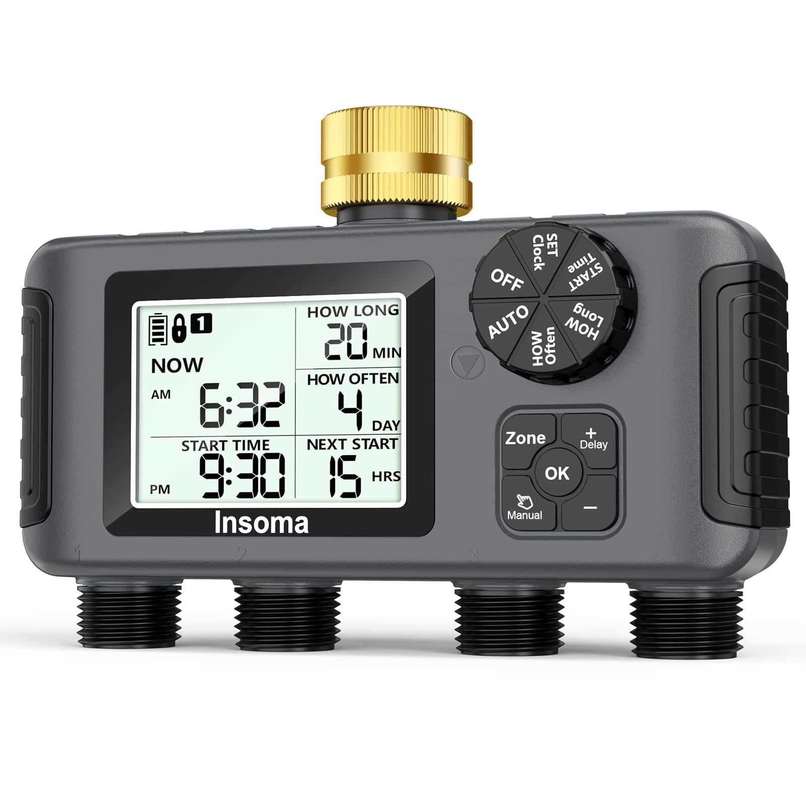 Insoma 4 Zones Sprinkler Timer with Brass Inlet, Water Timer for Garden Hose ...