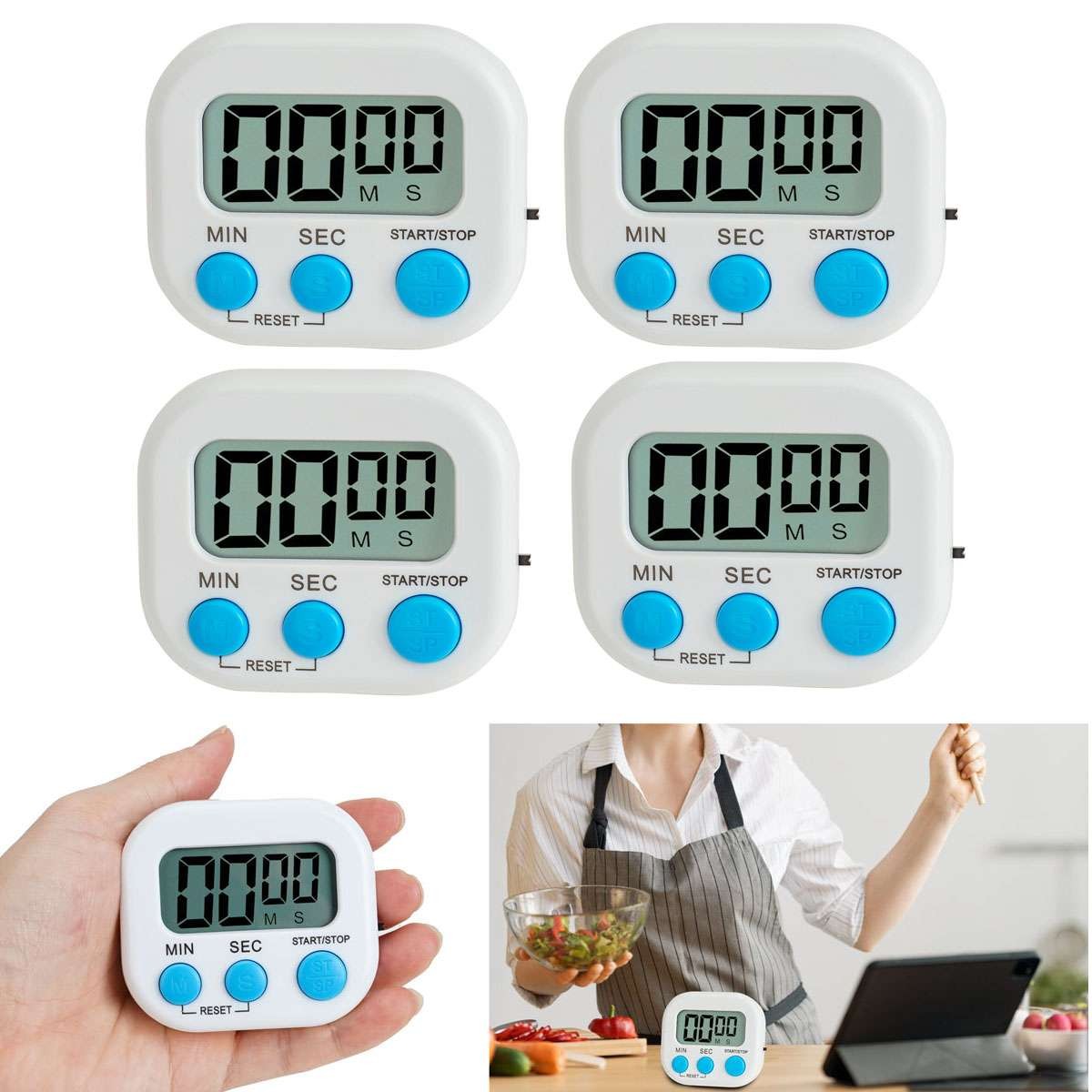 4X Kitchen Timer Magnetic LCD Digital Countdown Stopwatch With Stand Alarm Clock