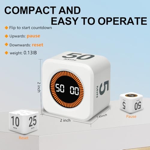Visual Rotating Timer with 5, 10, 25 50 Minutes Preset, Desk Cube Count White