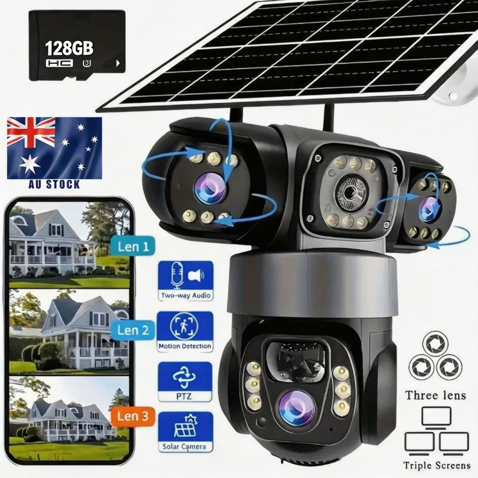 12MP PTZ WIFI Camera Solar Powered Triple Lens Night Vision CCTV Security Camera