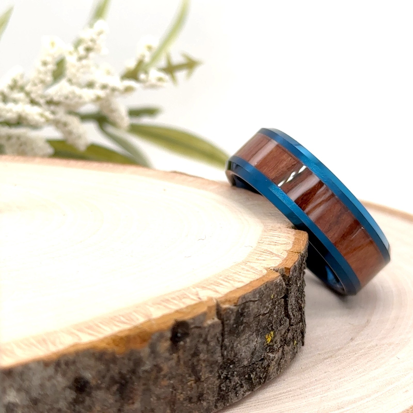 Polished 8mm Blue Tungsten Carbide Ring Natural Wood Inlay Unisex Engraved Band