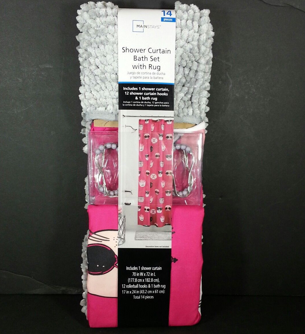 Mainstays 14 Piece FUSCHIA CATS Bath Set Gray Noodle Rug, Hooks, Shower Curtain