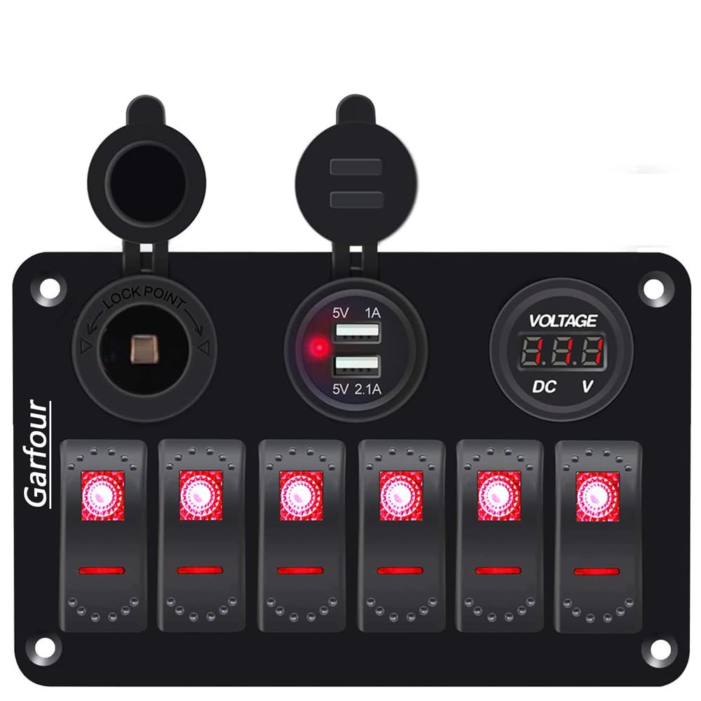 Red 6 Gang Marine Switch Panel Waterproof Boat Rocker USB Voltmeter 12V LED