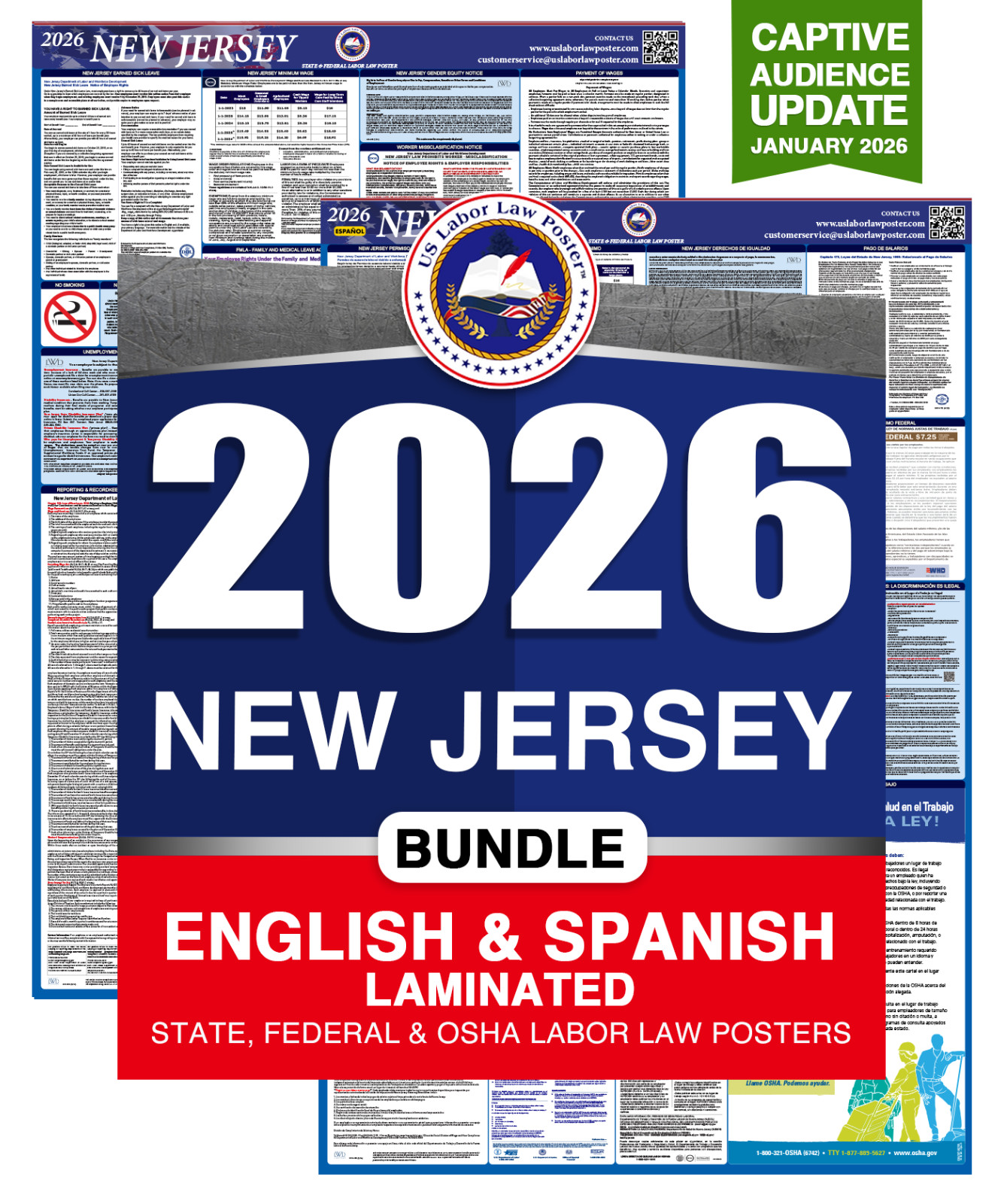 2026 New Jersey NJ LABOR LAW POSTER (Federal & State) Bundle Laminated