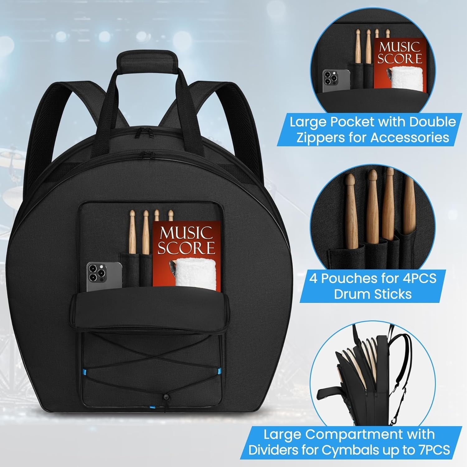 22" Cymbal Bag Backpack with Thick Padded Dividers, Double Layer