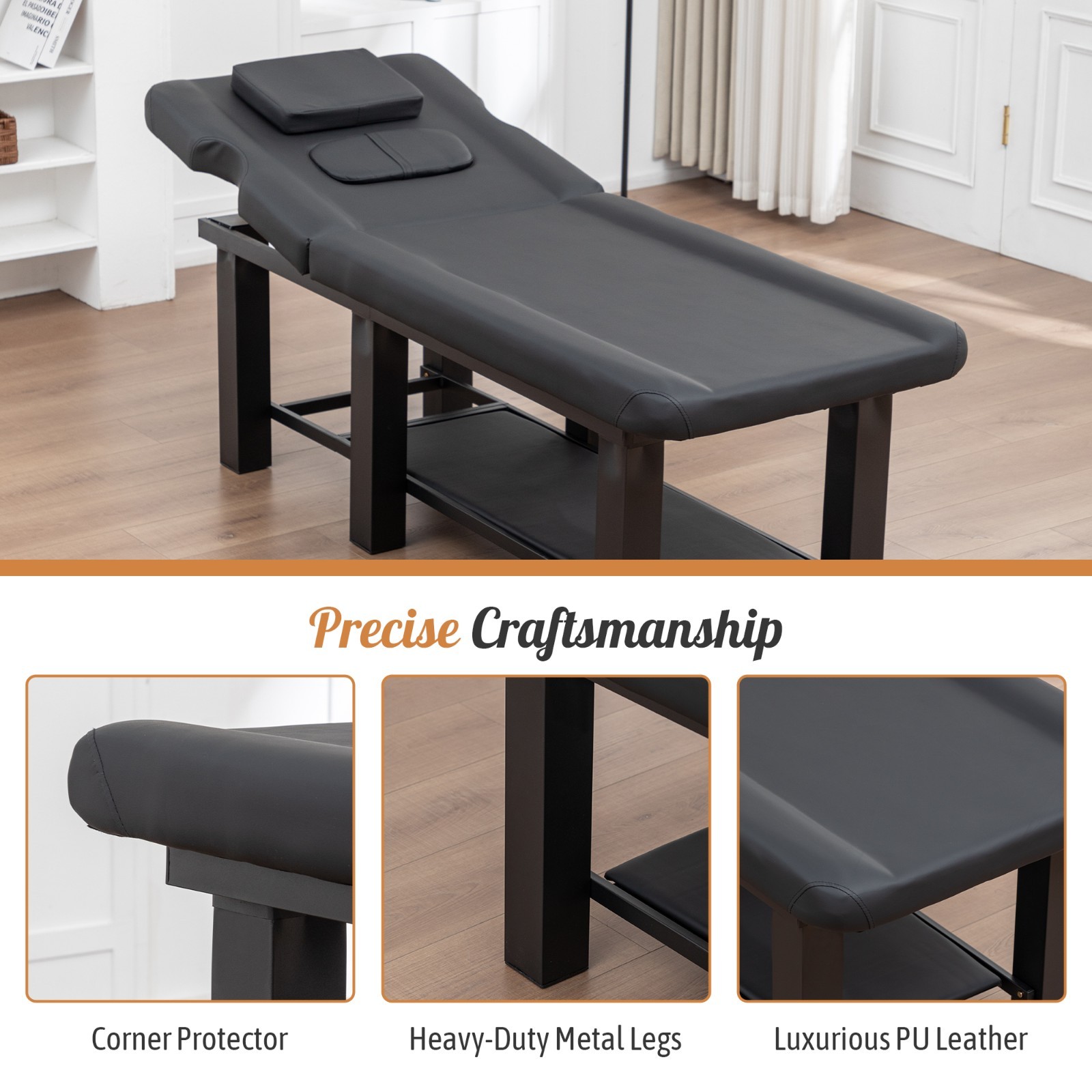 Spa Salon Massage Table w/Bottom Storage&Adjustable Backrest&Detachable Headrest