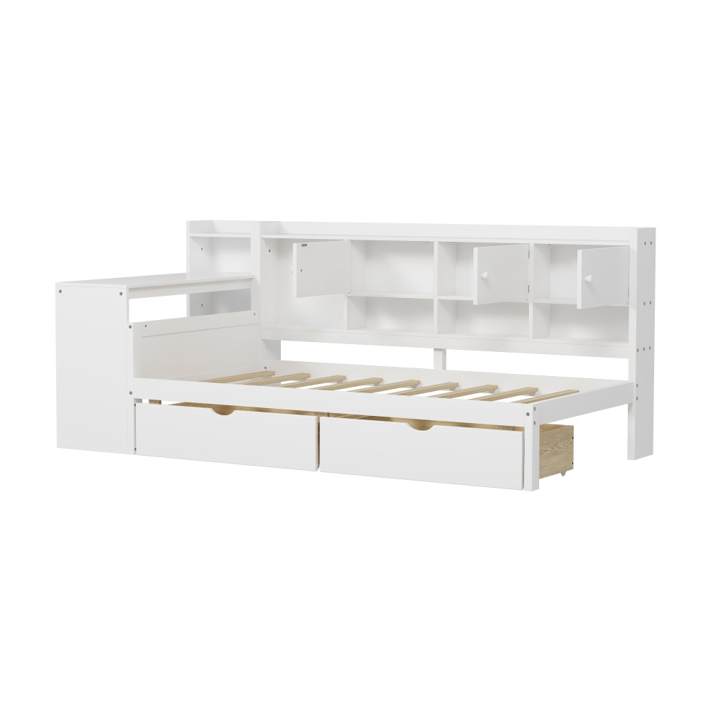 White L-Shape Daybed w/ Storage Cabinets & Desk, Twin Size