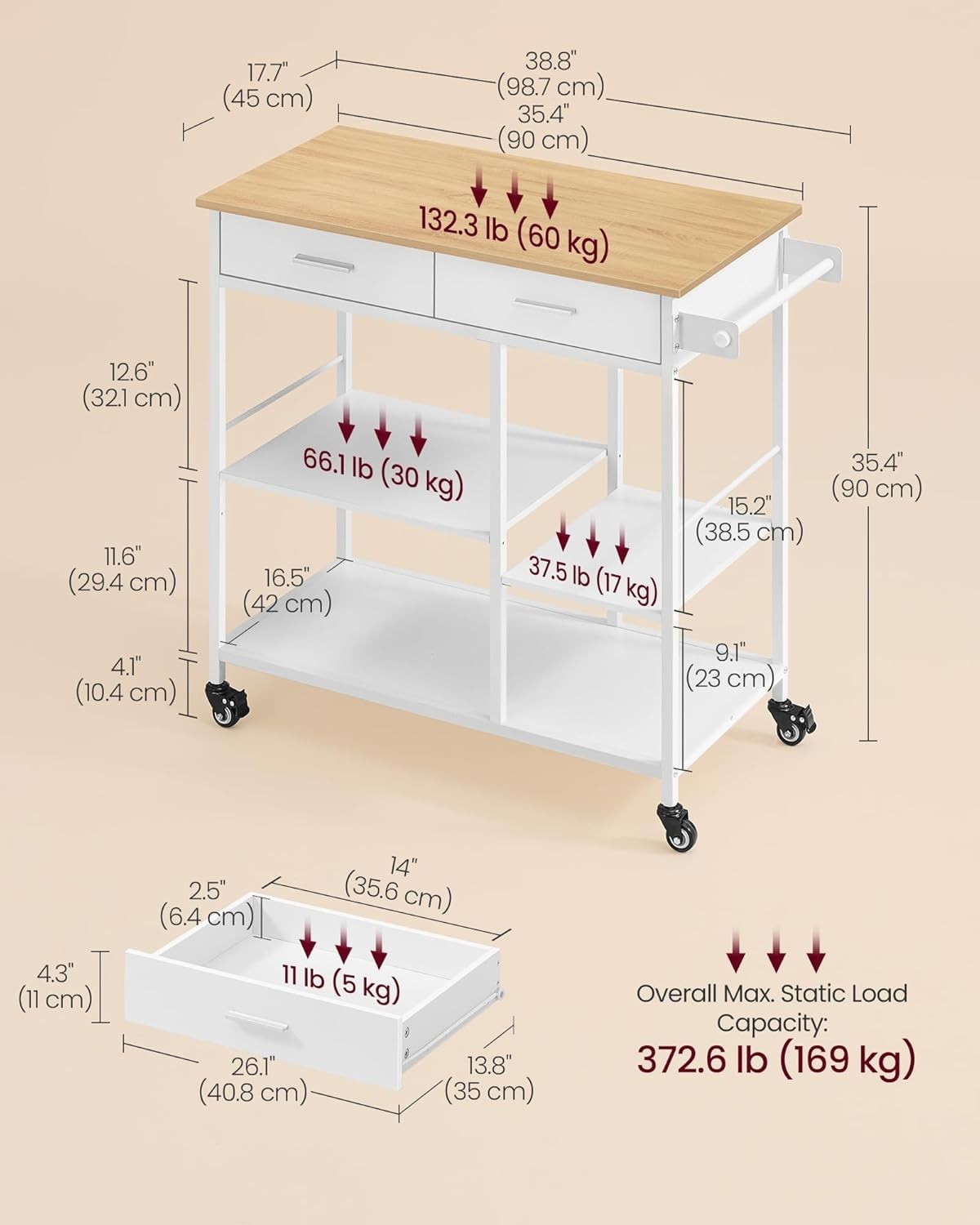 Kitchen Rolling Island, Mobile Kitchen Cart with Storage on Wheels, 17.7 x 38...