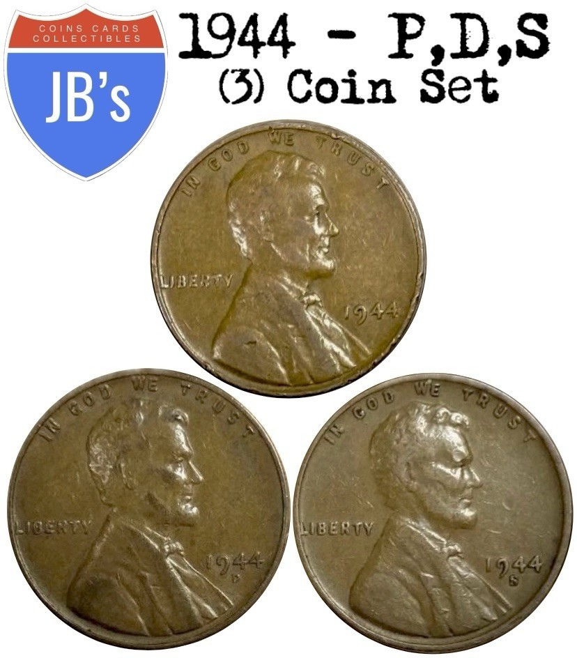 1944 P D S Lincoln Wheat Cents Pennies 1c (3) Coin Set - Circulated (G/VG)