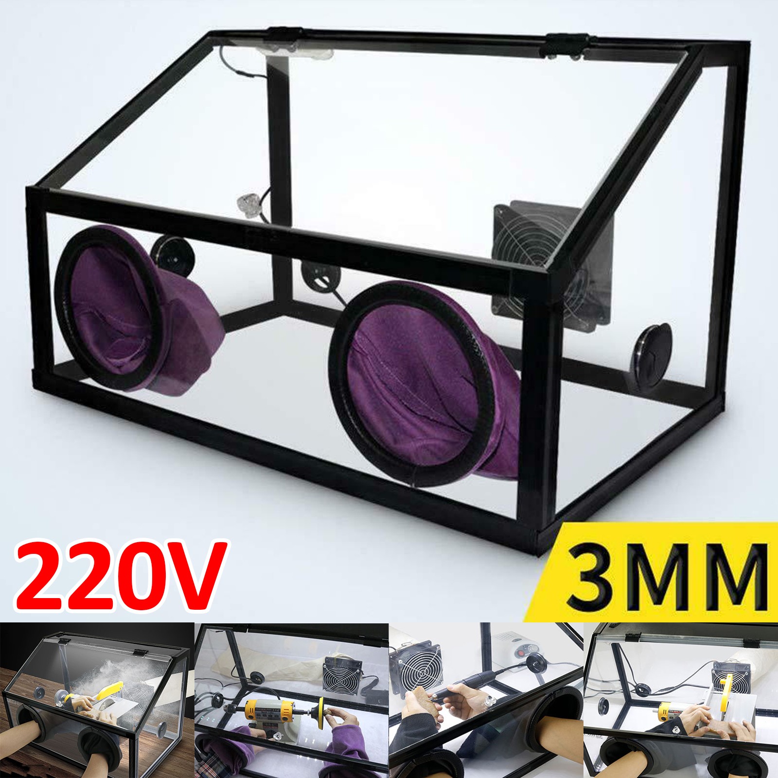 220V Acrylic Enclosed Electric Grinding Table Polisher Dust Box Cover w/ LED+Fan