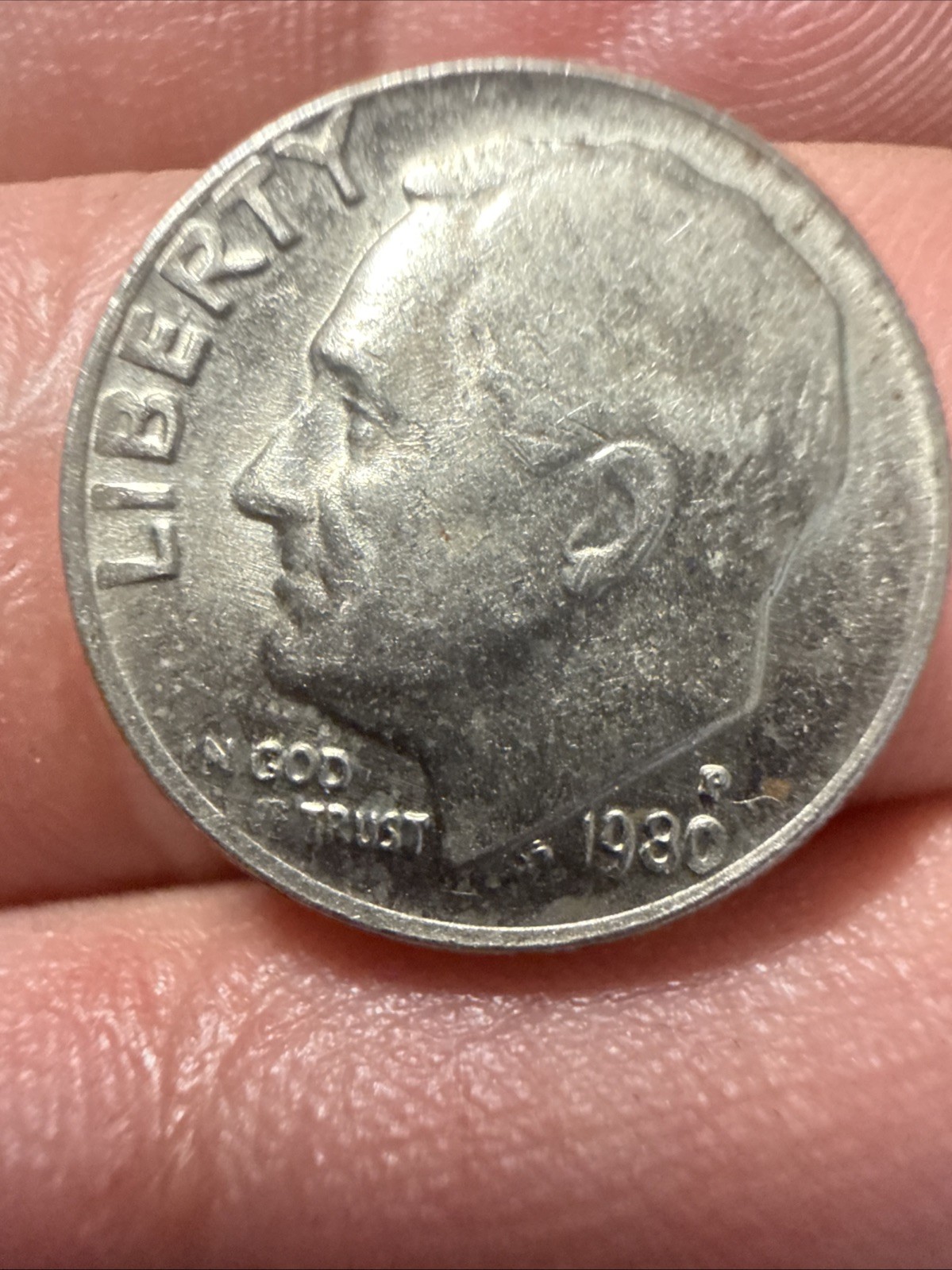 1980 Roosevelt Dime, DD, Missing Letters Reverse Error Coin