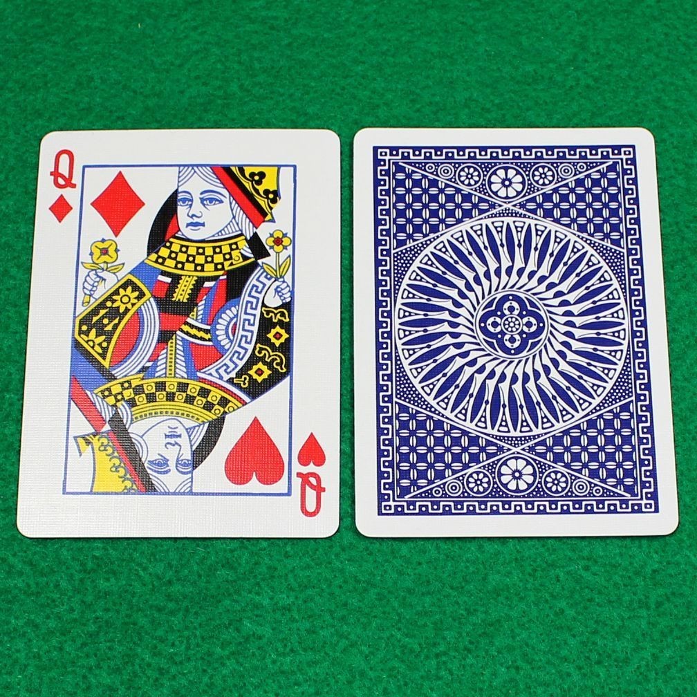 Queen of Diamonds / Hearts, Half Diagonal, Tally-Ho Blue Circle Back, Gaff Card