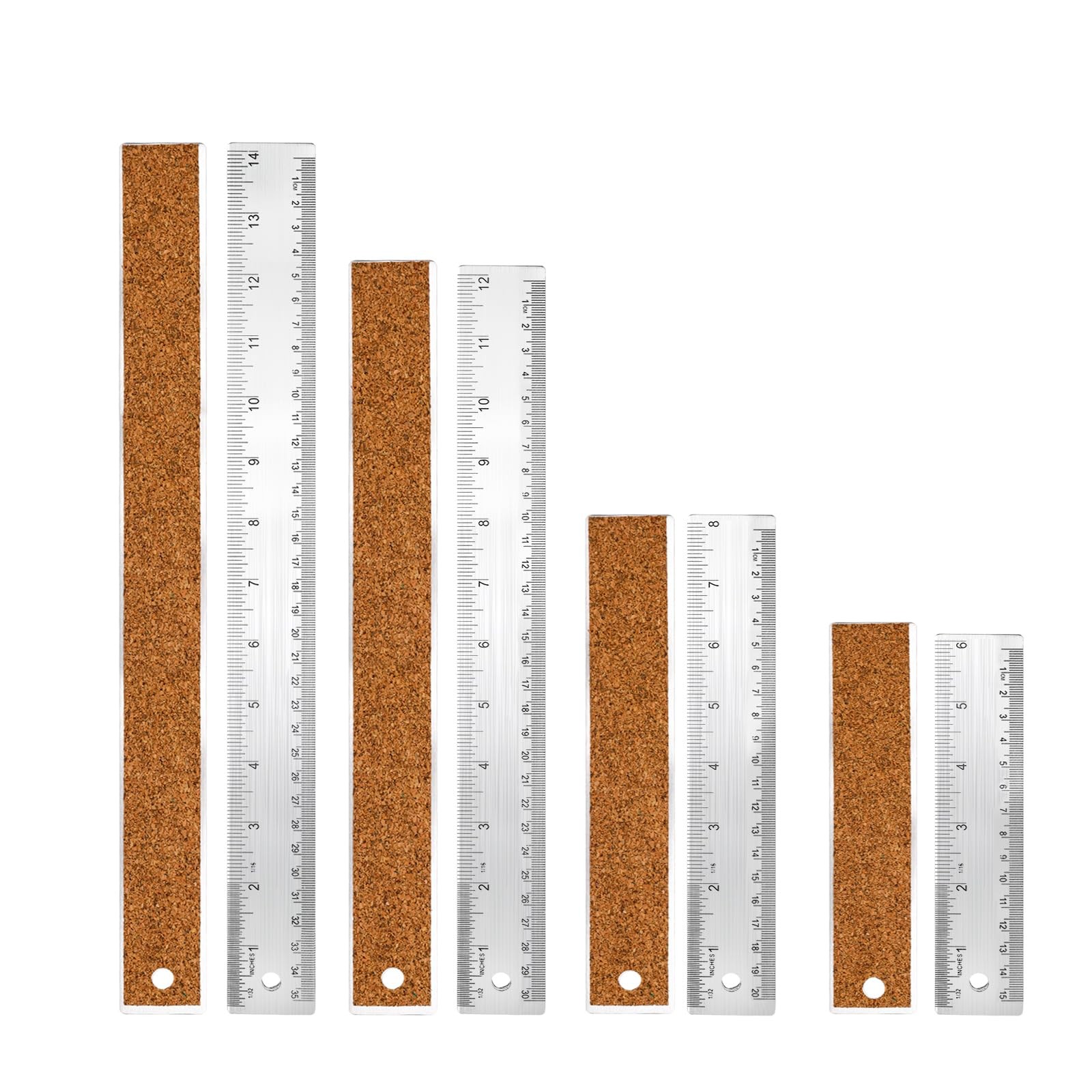4 PCS Metal Ruler Set, 6 8 12 14, Stainless Steel, Cork Back, Non-Slip